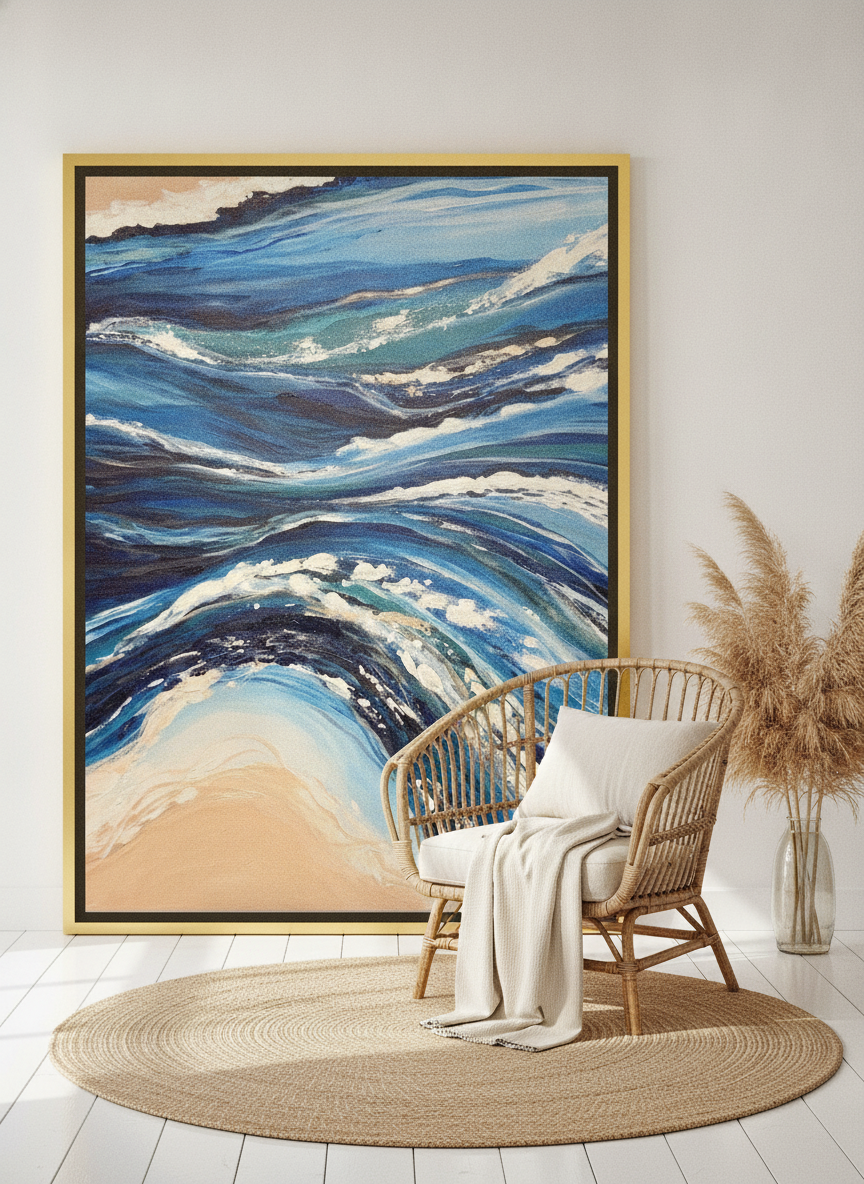 Oversized statement canvas wall art with a gold leaf surround leaning against the wall in a coastal living room