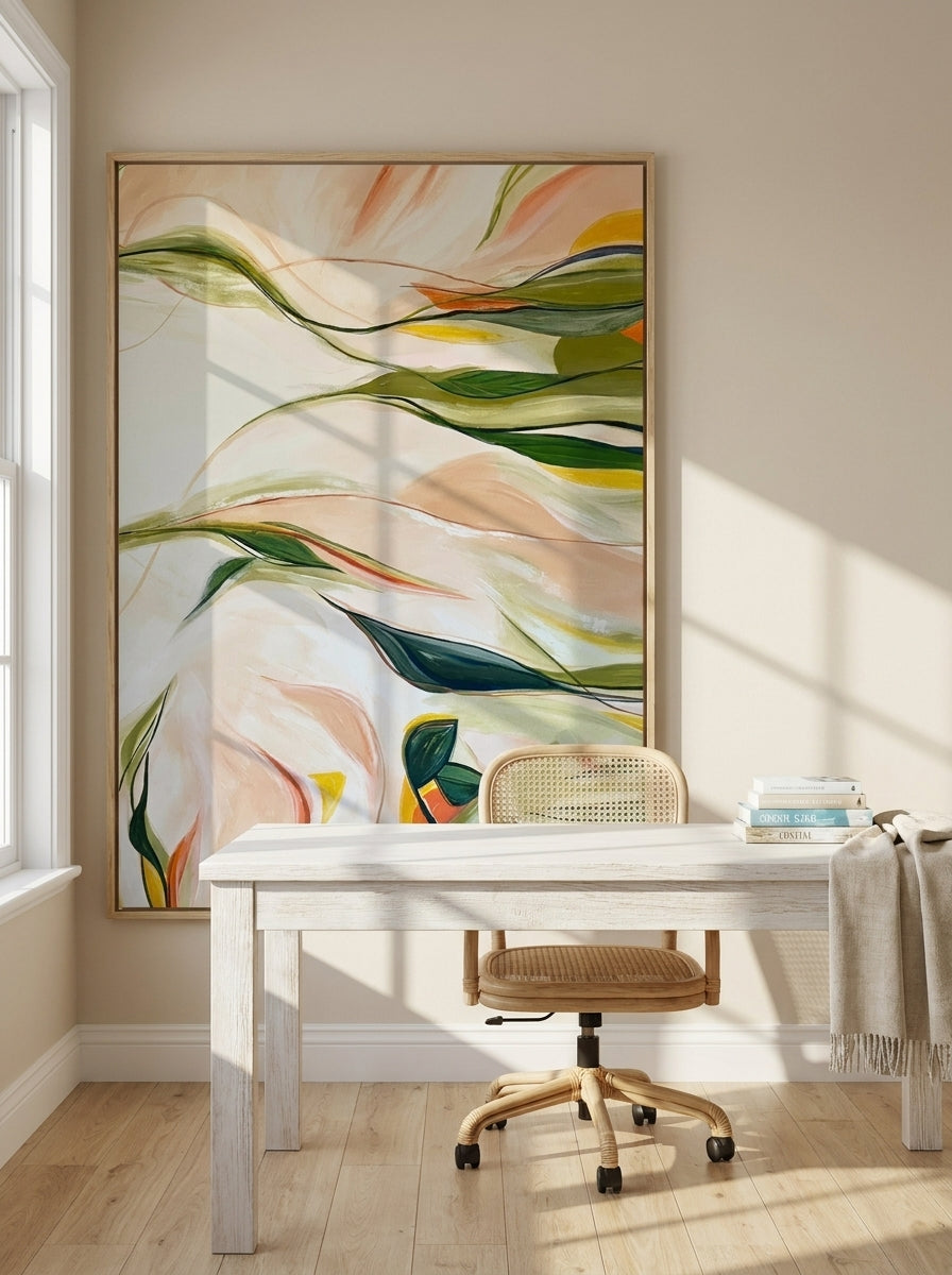 Modern wall art print styled on the wall in a coastal home office