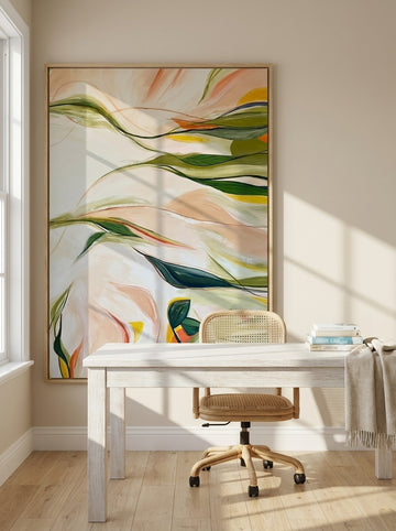 Modern wall art print styled on the wall in a coastal home office