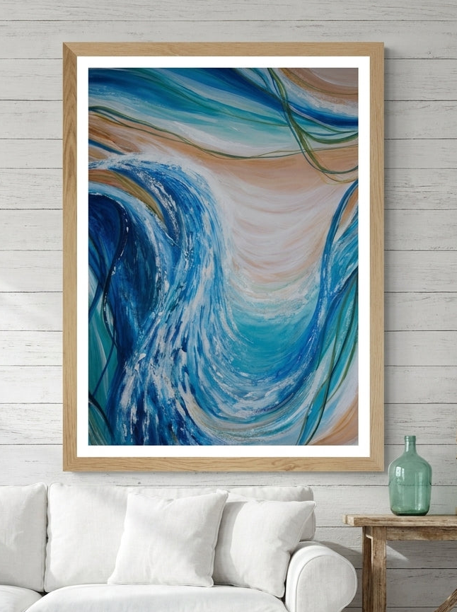 Modern wall art print styled on the wall in a coastal living room