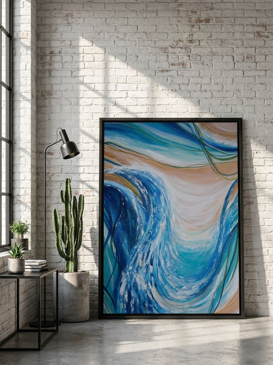 Canvas wall art with a black surround leaning against the wall in an industrial loft home office