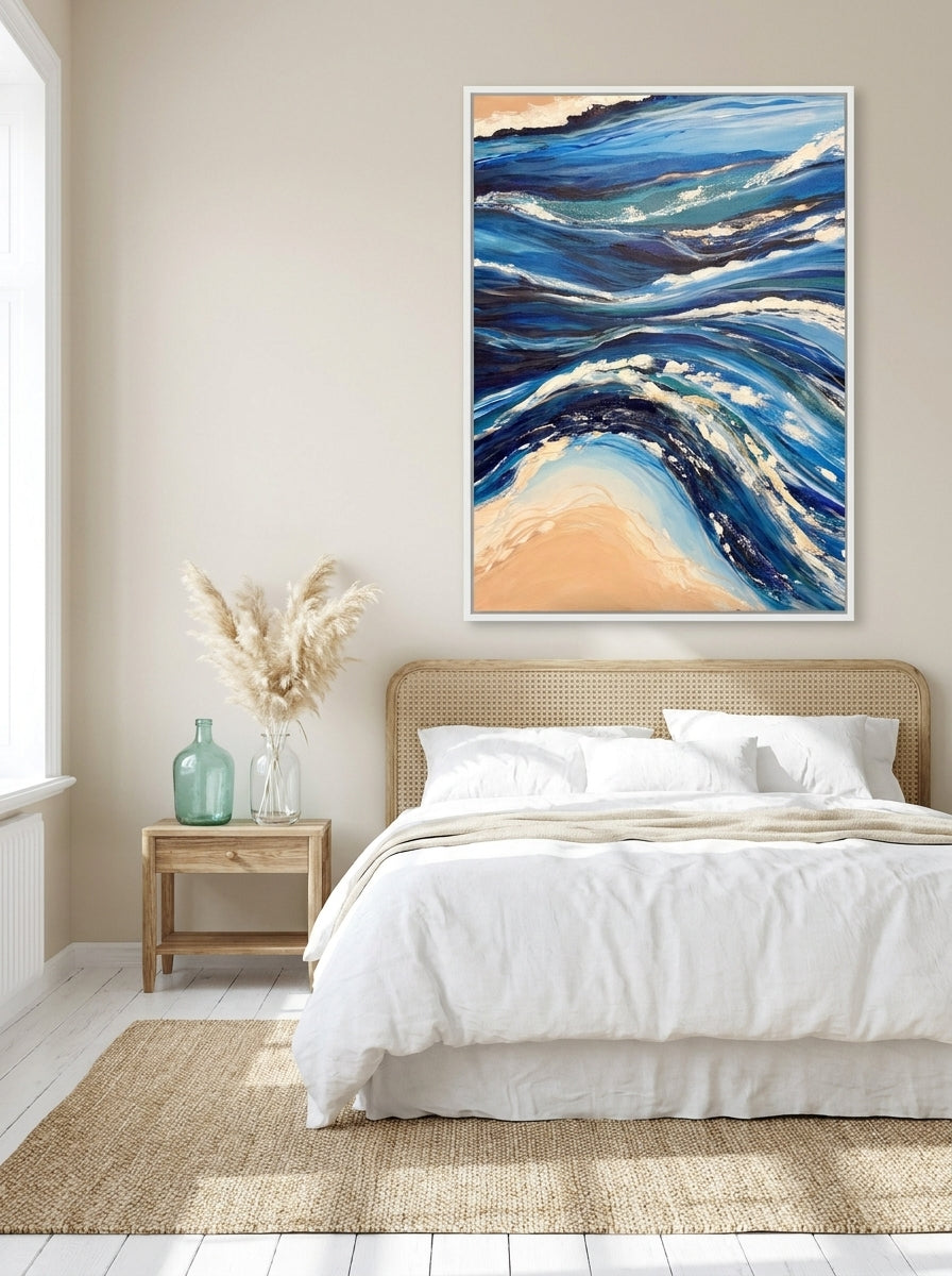 Oversized statement modern wall art print styled on the wall in a coastal bedroom