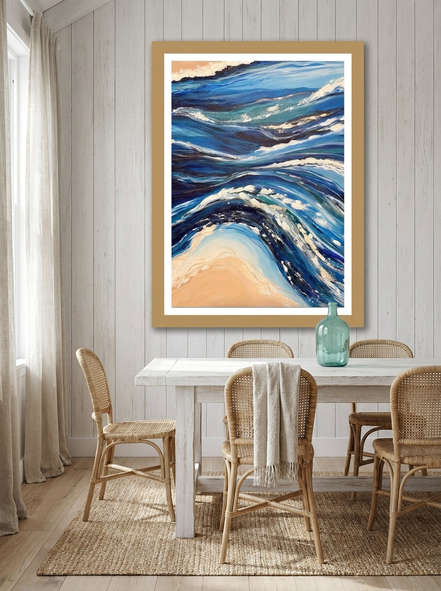 Modern wall art print styled on the wall in a coastal dining room