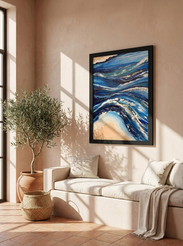 Oversized statement modern wall art print styled on the wall in a Mediterranean living room