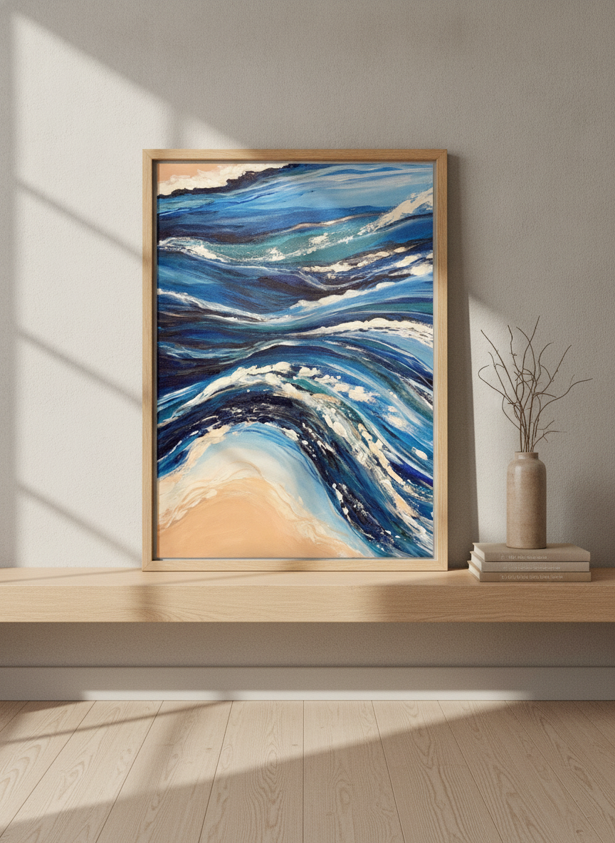 Modern wall art print standing on a shelf in a warm Japandi bathroom