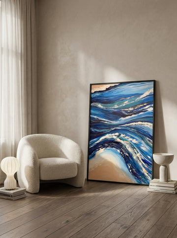 Modern wall art print leaning against the wall in a luxe home office