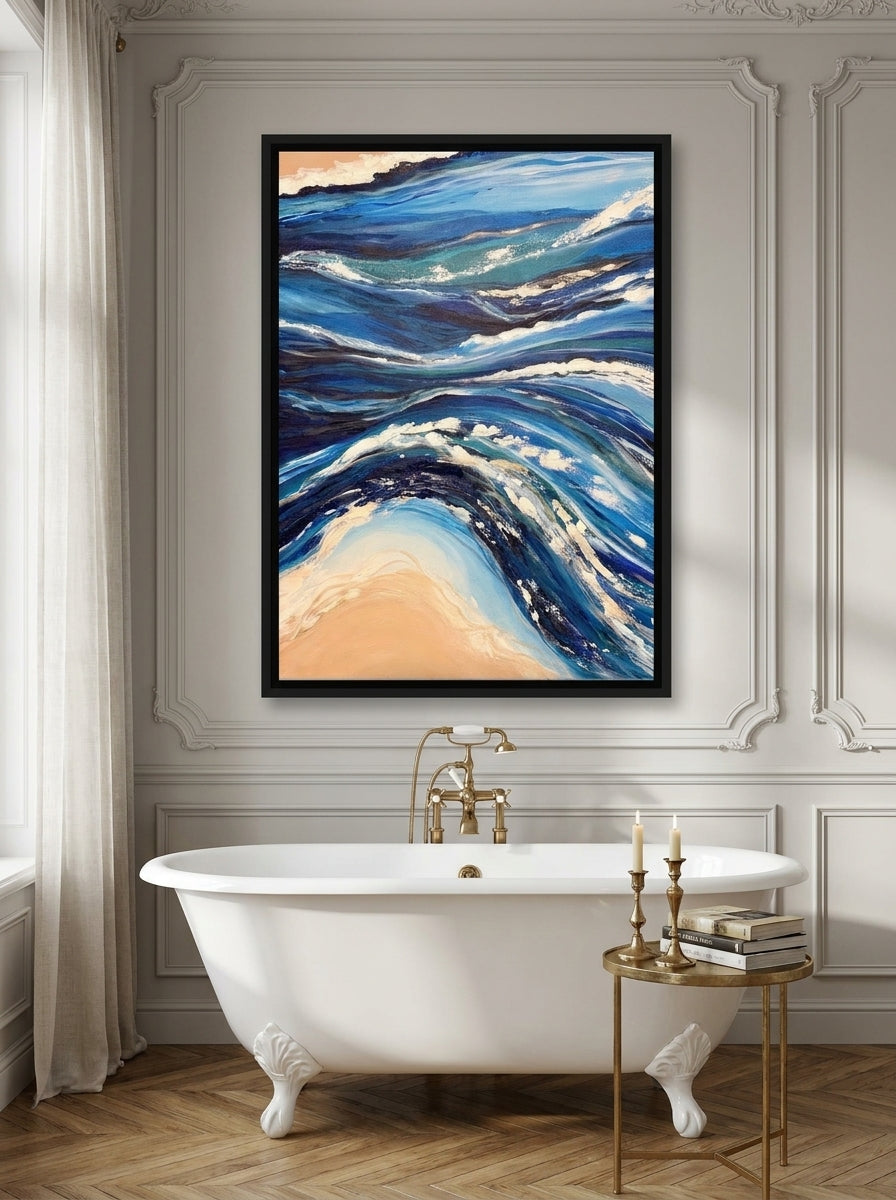 Canvas wall art with a black surround styled on the wall in a Parisian bathroom