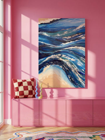 Stretched canvas wall art styled on the wall in a colourful eclectic living room