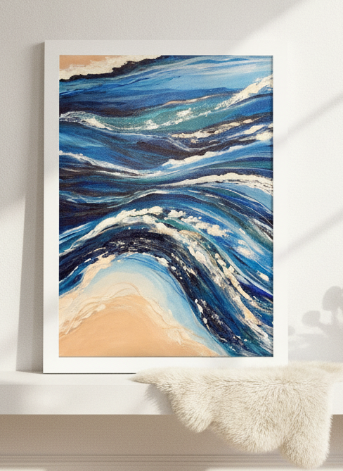 Modern wall art print standing on a shelf in a bright Scandinavian bedroom