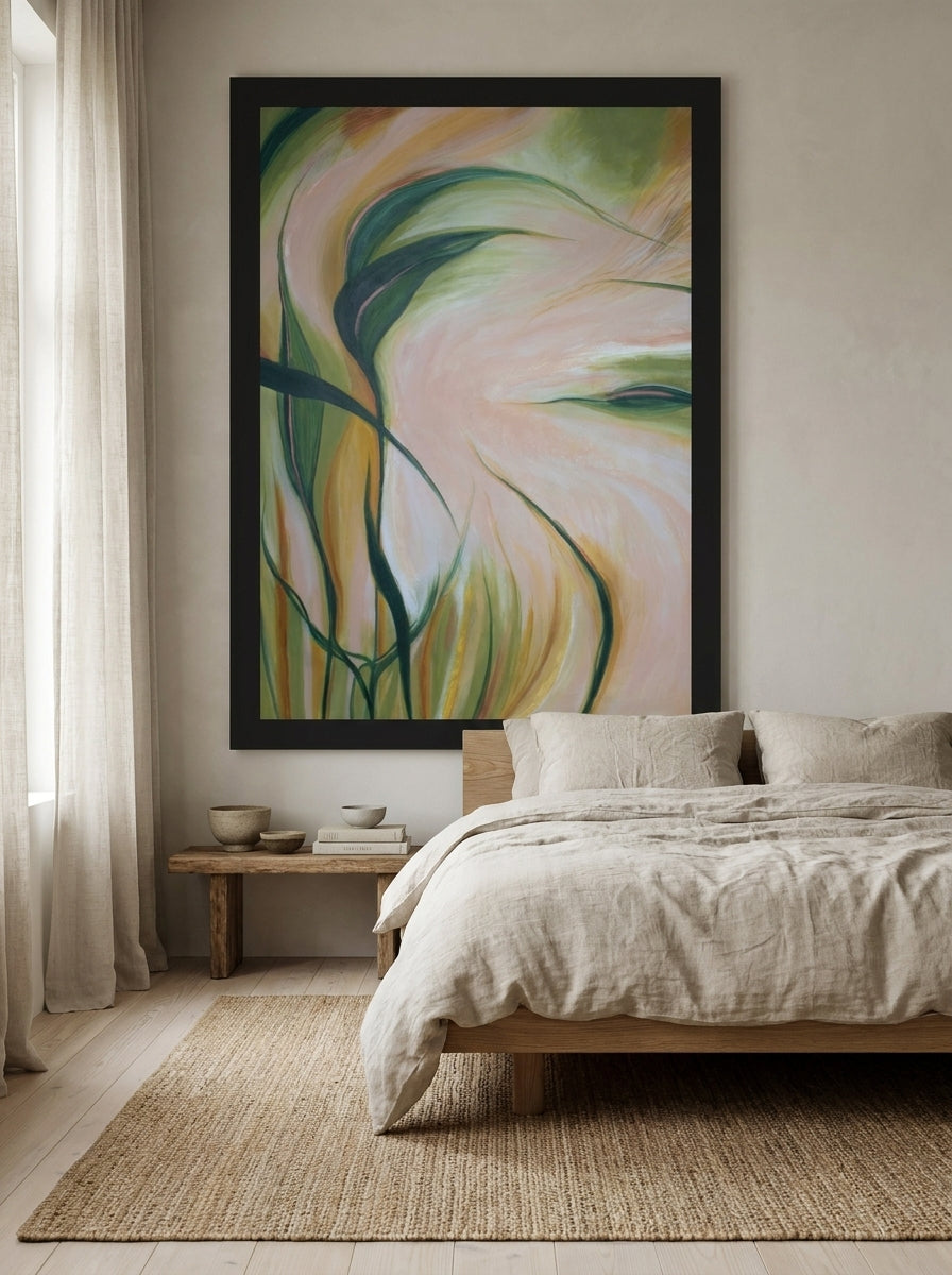 Oversized statement modern wall art print styled on the wall in a warm Japandi bedroom