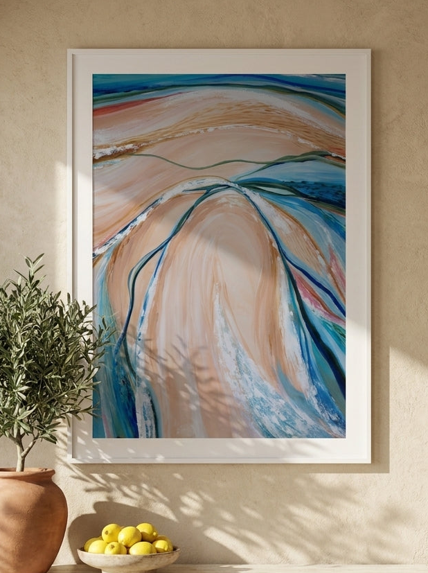 Modern wall art print styled on the wall in a Mediterranean living room