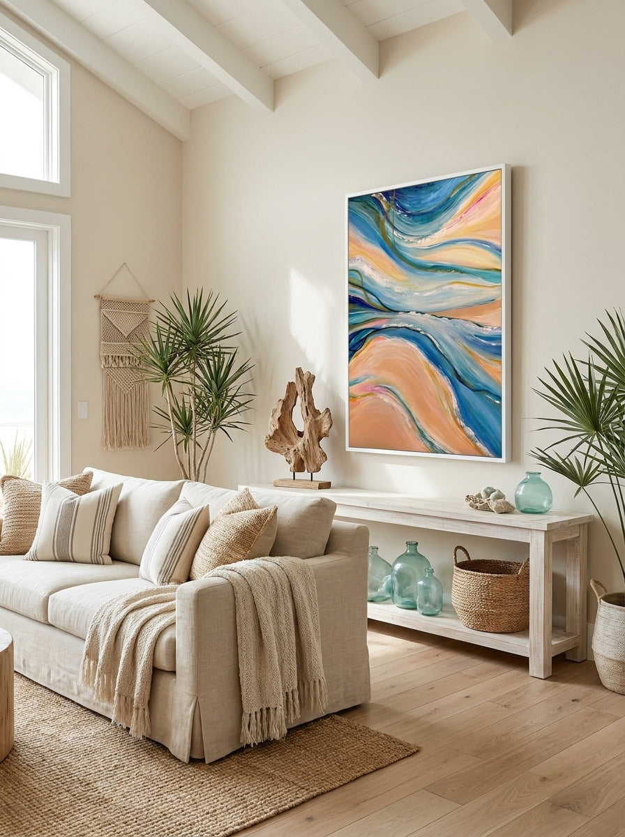 Oversized statement modern wall art print styled on the wall in a coastal living room