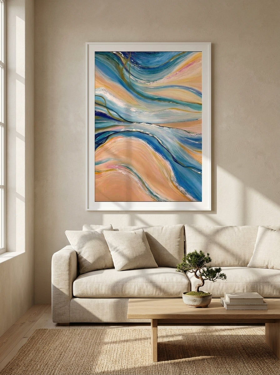 Modern wall art print styled on the wall in a warm Japandi living room