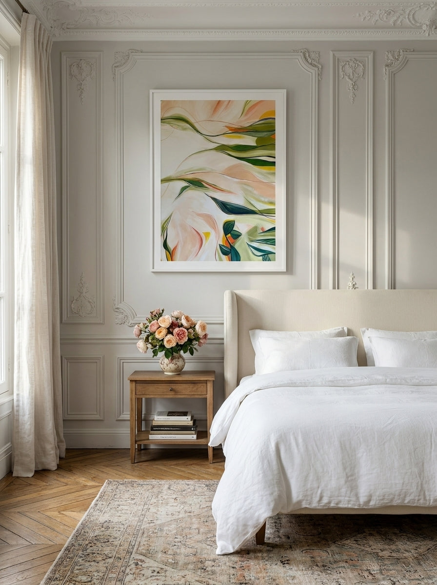 Modern wall art print styled on the wall in a Parisian bedroom