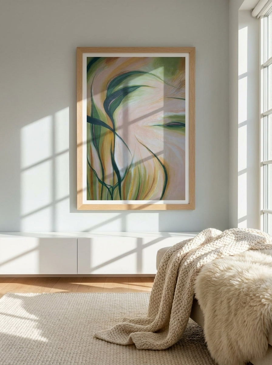 Modern wall art print styled on the wall in a bright Scandinavian living room