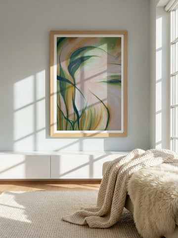 Modern wall art print styled on the wall in a bright Scandinavian living room
