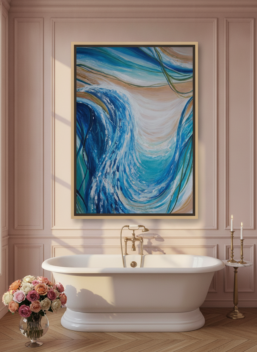 Oversized statement canvas wall art with a natural timber surround styled on the wall in a Parisian bathroom