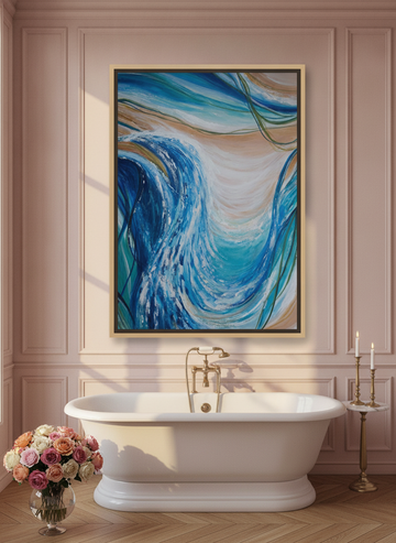 Oversized statement canvas wall art with a natural timber surround styled on the wall in a Parisian bathroom
