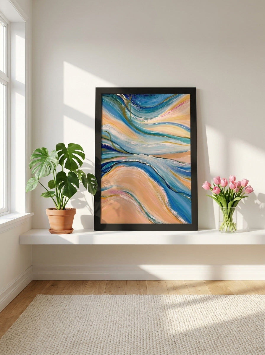 Modern wall art print standing on a shelf in a bright Scandinavian bedroom