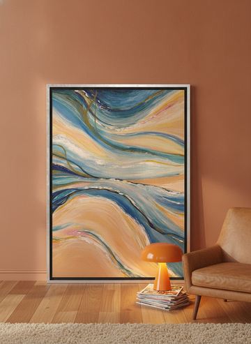 Canvas wall art with a silver leaf surround leaning against the wall in a retro 70s bedroom