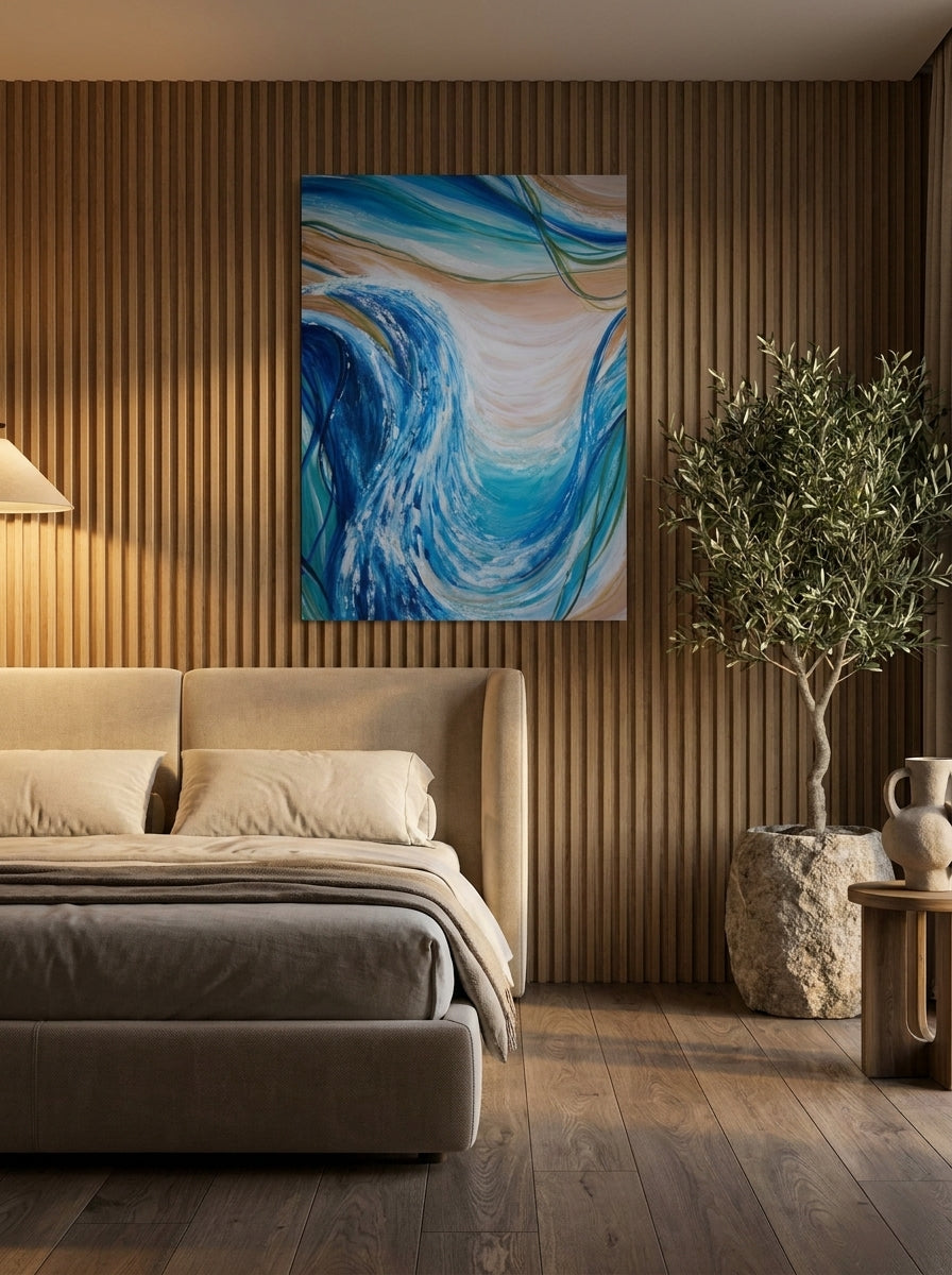 Stretched canvas wall art styled on the wall in a luxe bedroom