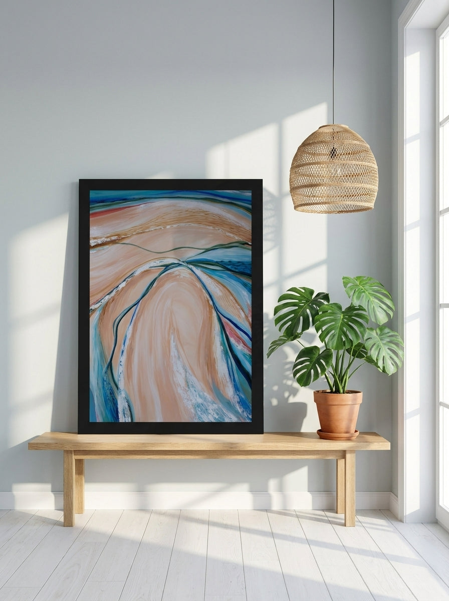 Modern wall art print standing on a bench in a bright Scandinavian bedroom
