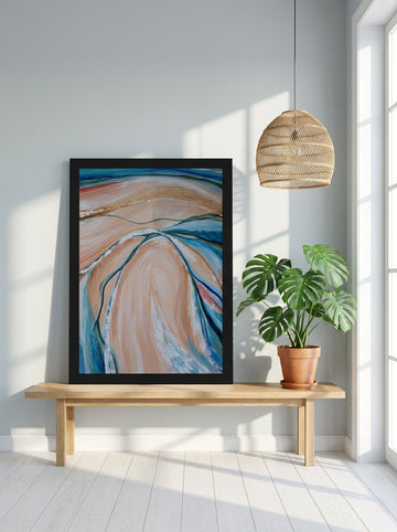 Modern wall art print standing on a bench in a bright Scandinavian bedroom