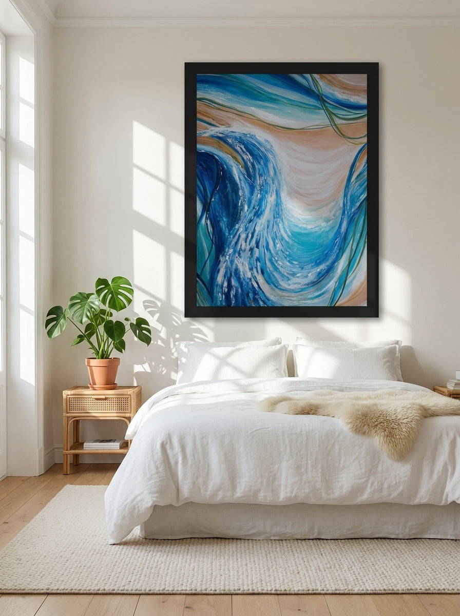 Oversized statement modern wall art print styled on the wall in a bright Scandinavian bedroom