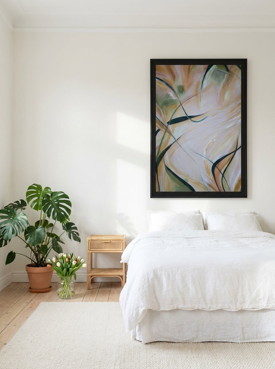 Oversized statement modern wall art print styled on the wall in a bright Scandinavian bedroom