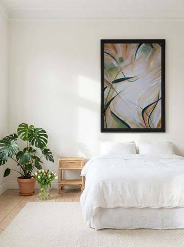 Oversized statement modern wall art print styled on the wall in a bright Scandinavian bedroom