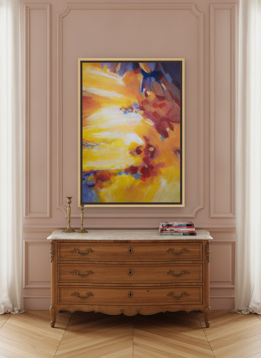 Canvas wall art with a natural timber surround standing on a sideboard in a Parisian home office