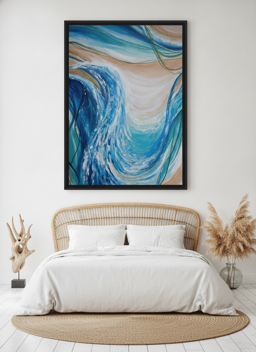 Oversized statement modern wall art print styled on the wall in a coastal bedroom