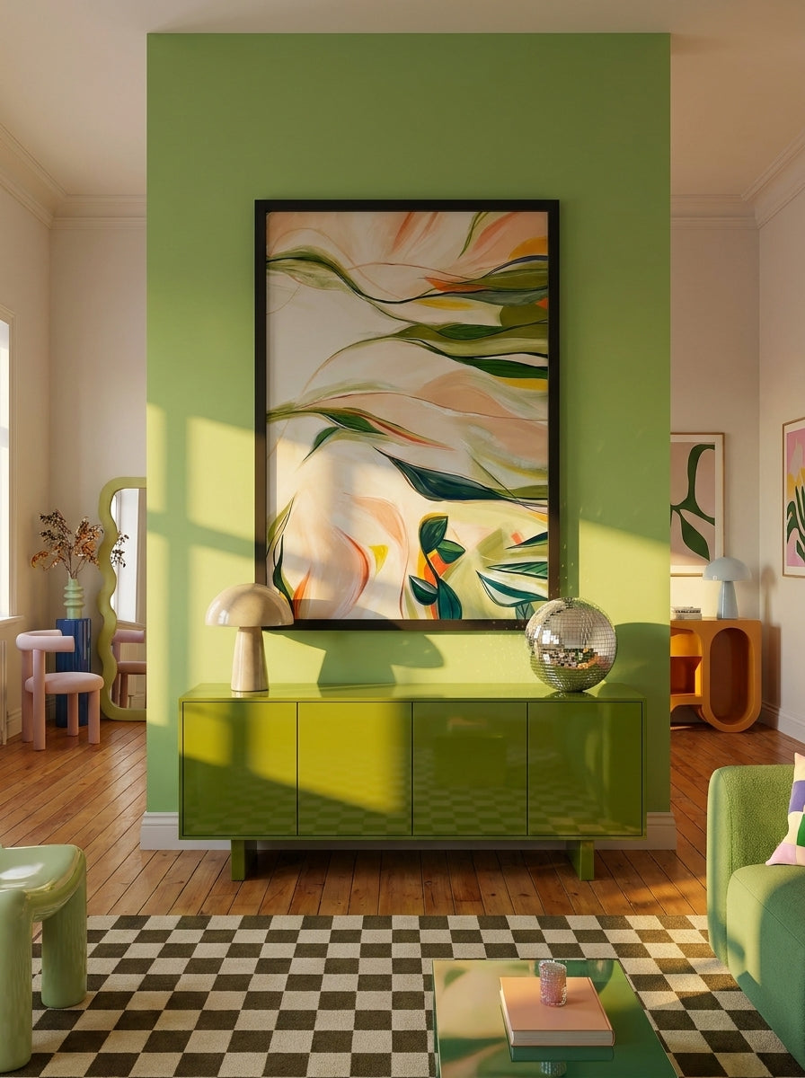 Oversized statement modern wall art print styled on the wall in a colourful eclectic living room