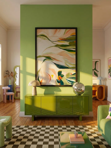 Oversized statement modern wall art print styled on the wall in a colourful eclectic living room