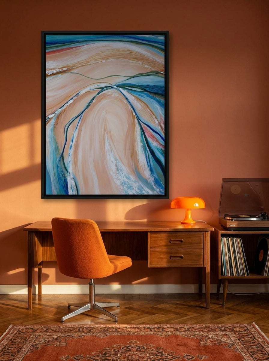 Canvas wall art with a black surround styled on the wall in a retro 70s home office