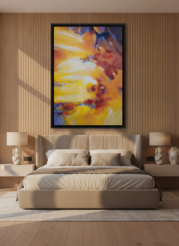 Oversized statement canvas wall art with a black surround styled on the wall in a luxe bedroom