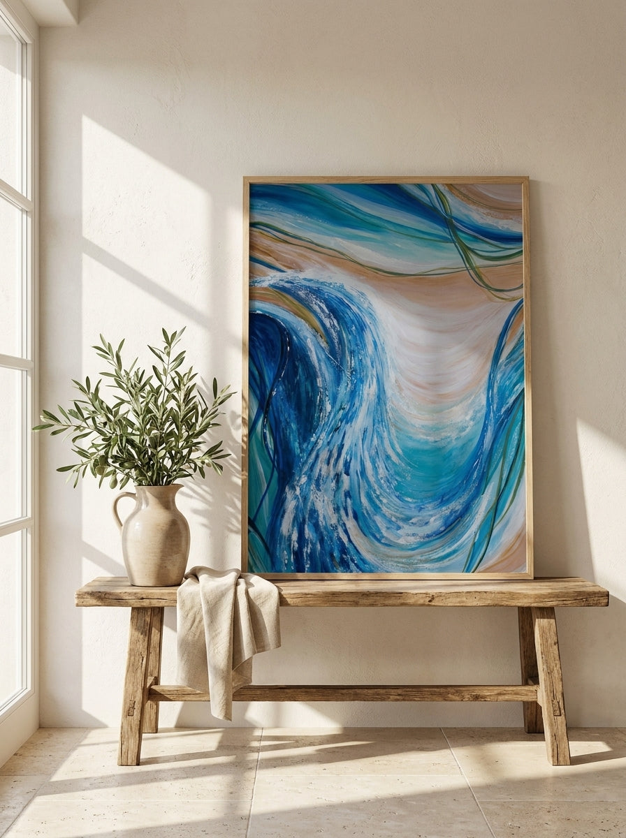 Modern wall art print standing on a bench in a Mediterranean home office