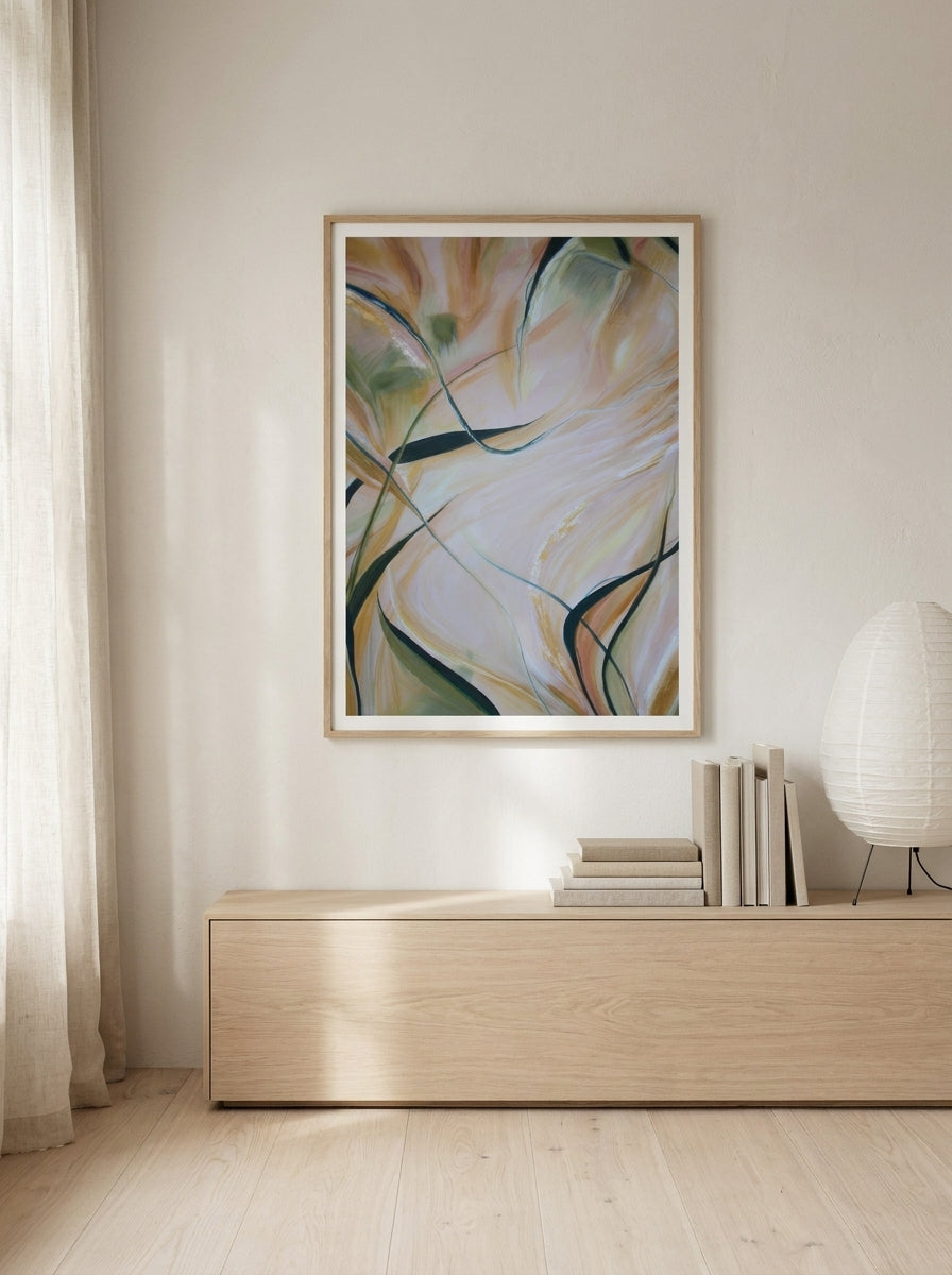 Modern wall art print styled on the wall in a warm Japandi living room