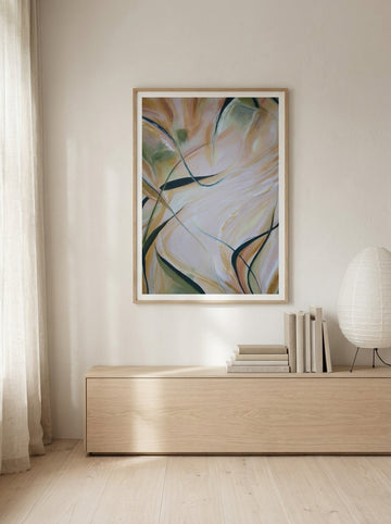 Modern wall art print styled on the wall in a warm Japandi living room