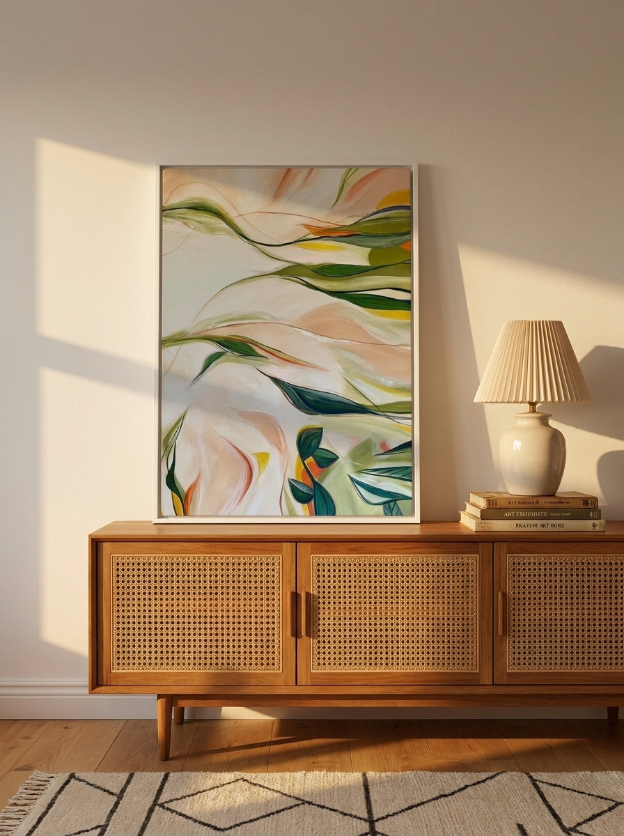 Canvas wall art with a white surround standing on a sideboard in a mid-century bedroom