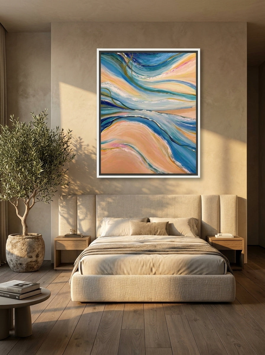 Oversized statement canvas wall art with a white surround styled on the wall in a luxe bedroom