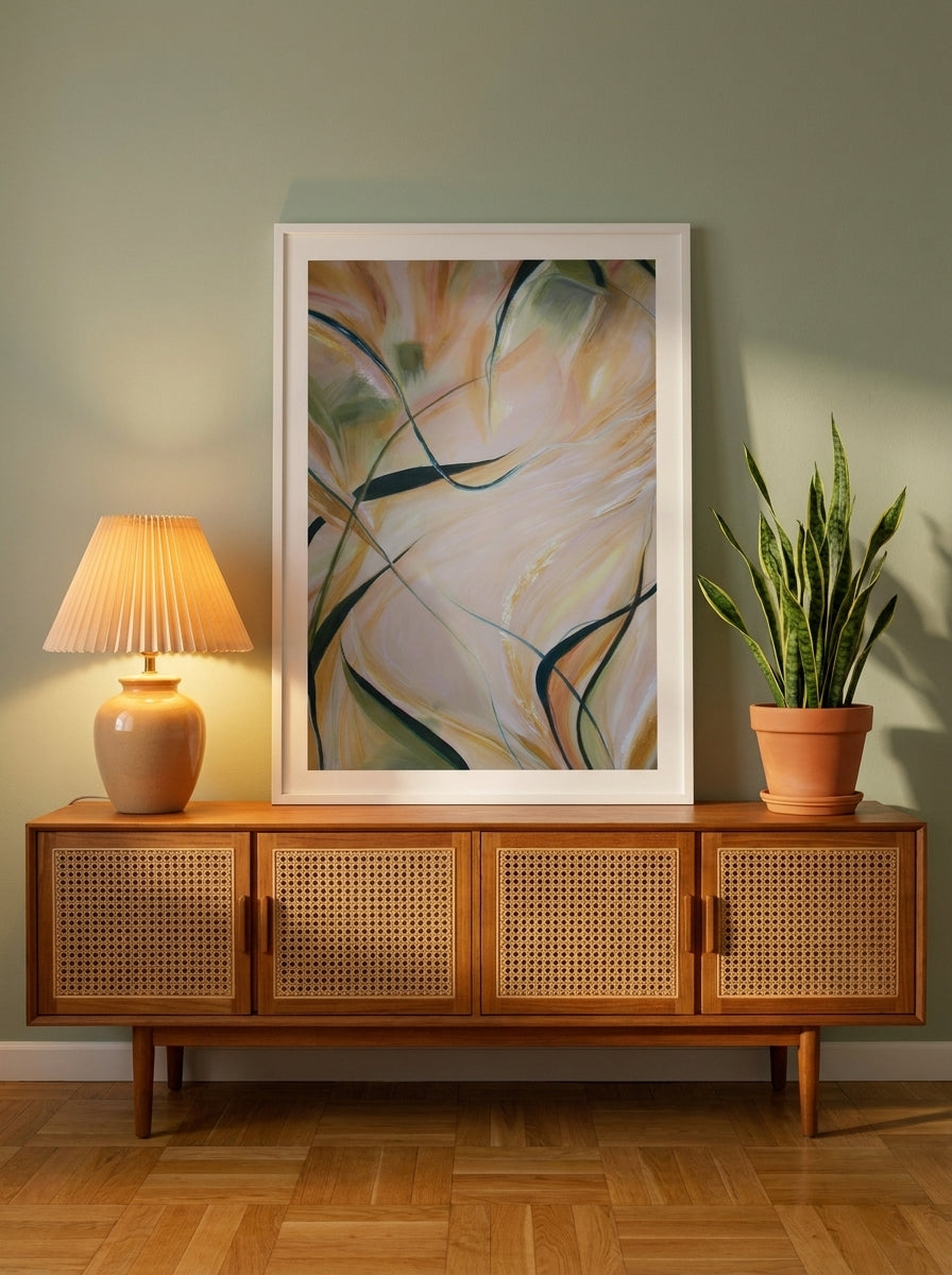 Modern wall art print standing on a sideboard in a mid-century bedroom