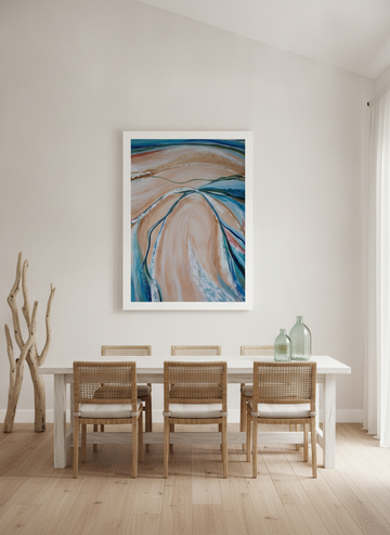 Oversized statement modern wall art print styled on the wall in a coastal dining room