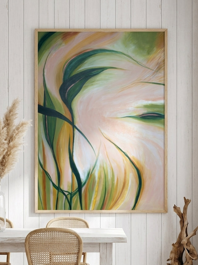 Oversized statement modern wall art print styled on the wall in a coastal dining room