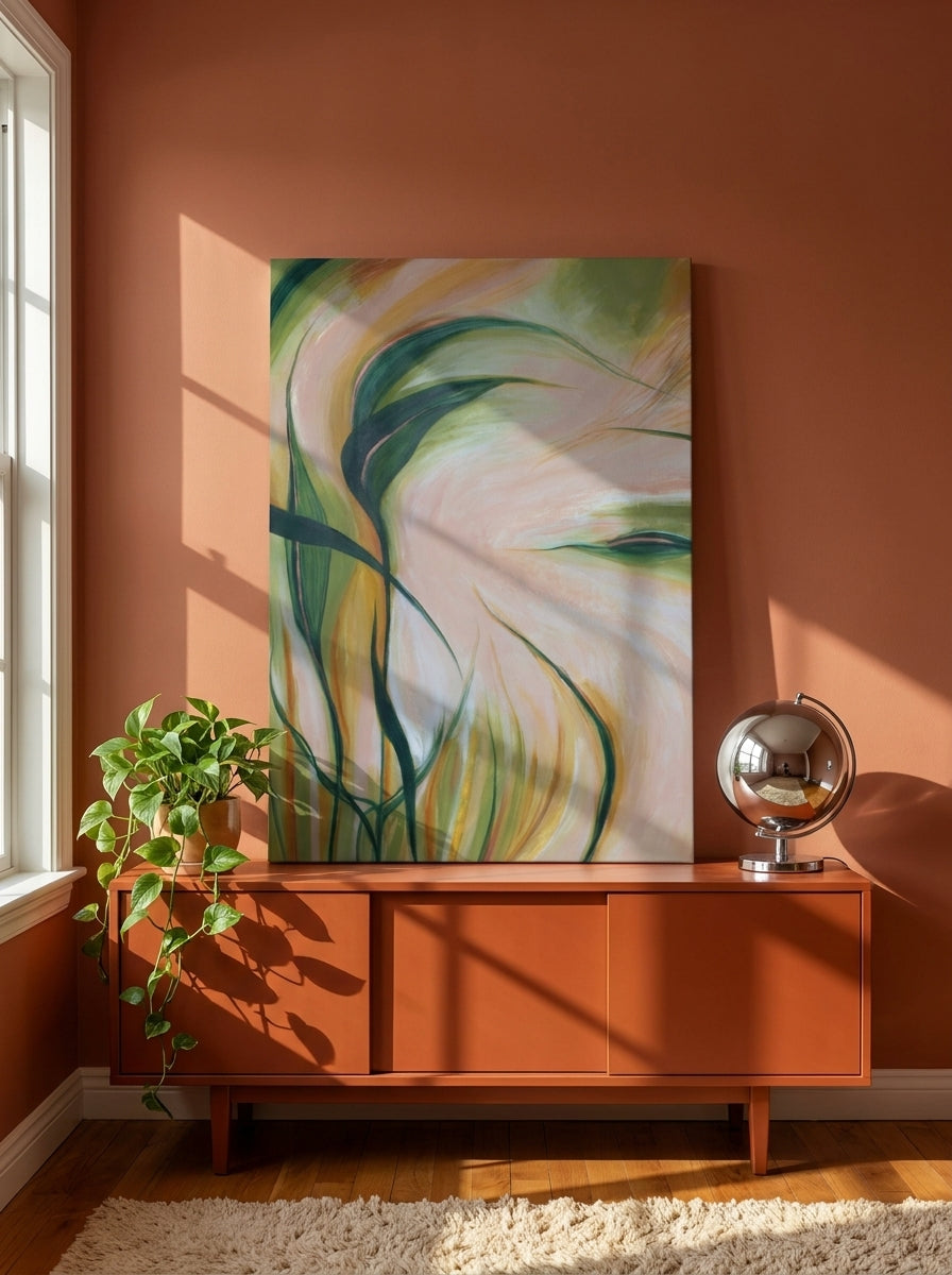 Stretched canvas wall art standing on a sideboard in a retro 70s home office
