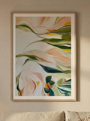 Modern wall art print styled on the wall in a warm Japandi living room