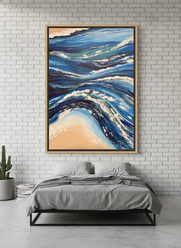 Oversized statement canvas wall art with a natural timber surround styled on the wall in an industrial loft bedroom