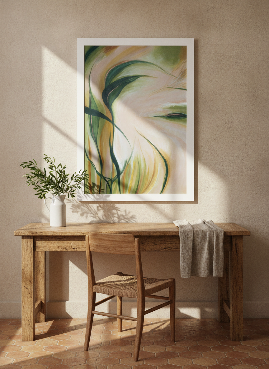 Modern wall art print styled on the wall in a Mediterranean home office