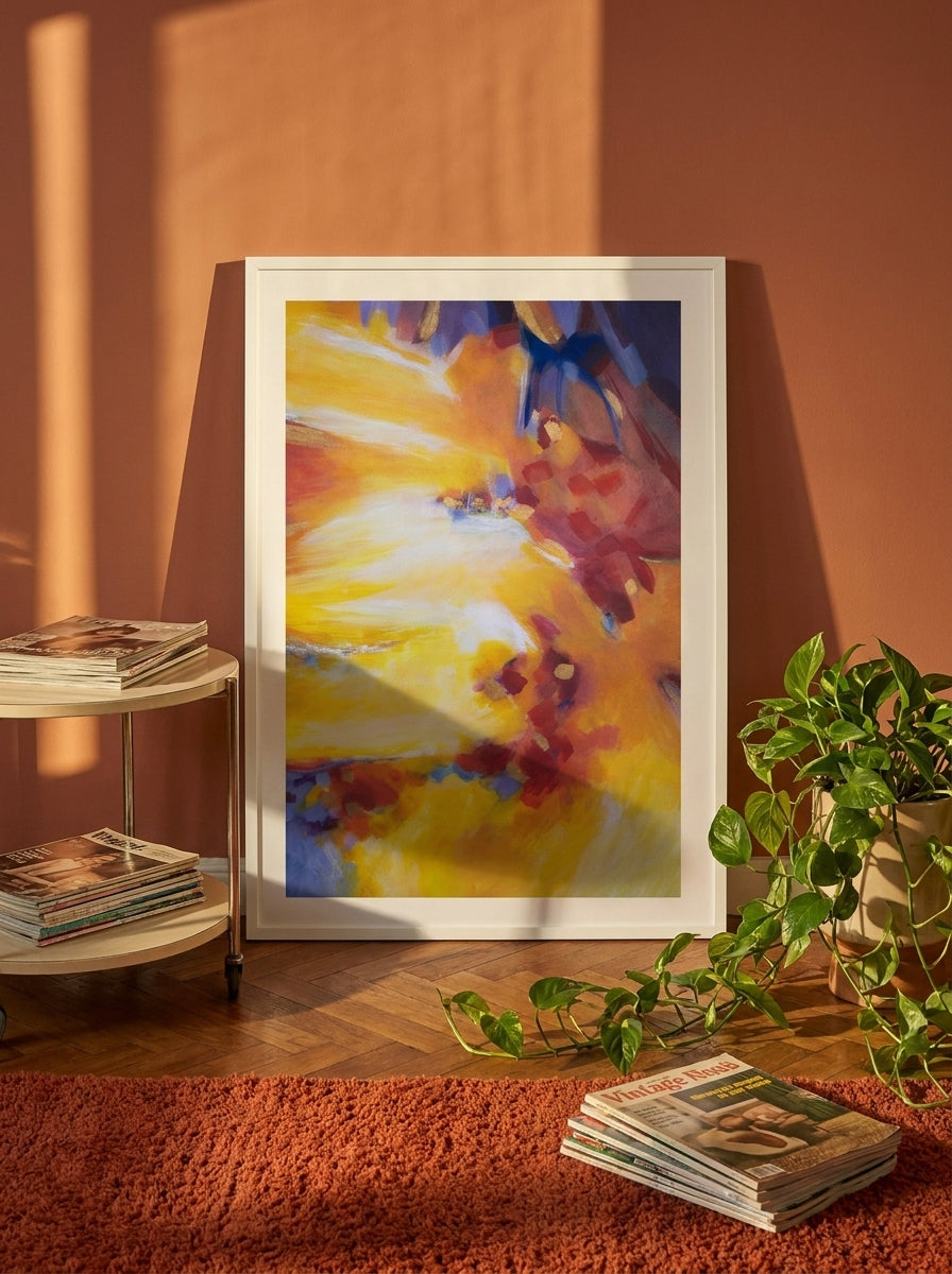Modern wall art print leaning against the wall in a retro 70s living room