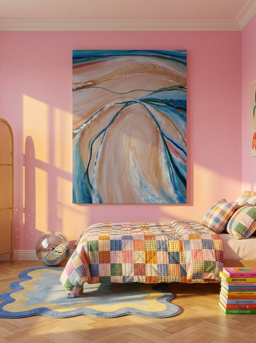Stretched canvas wall art styled on the wall in a colourful eclectic bedroom